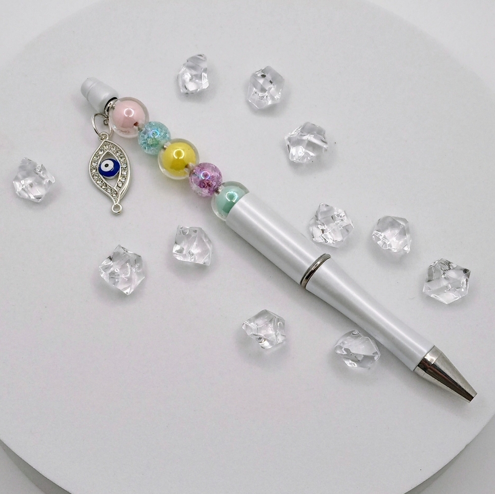 PROTECTION EVIL EYE PEN WITH PASTEL GLASS AND ACRYLIC BEADS - Picture 1 of 1